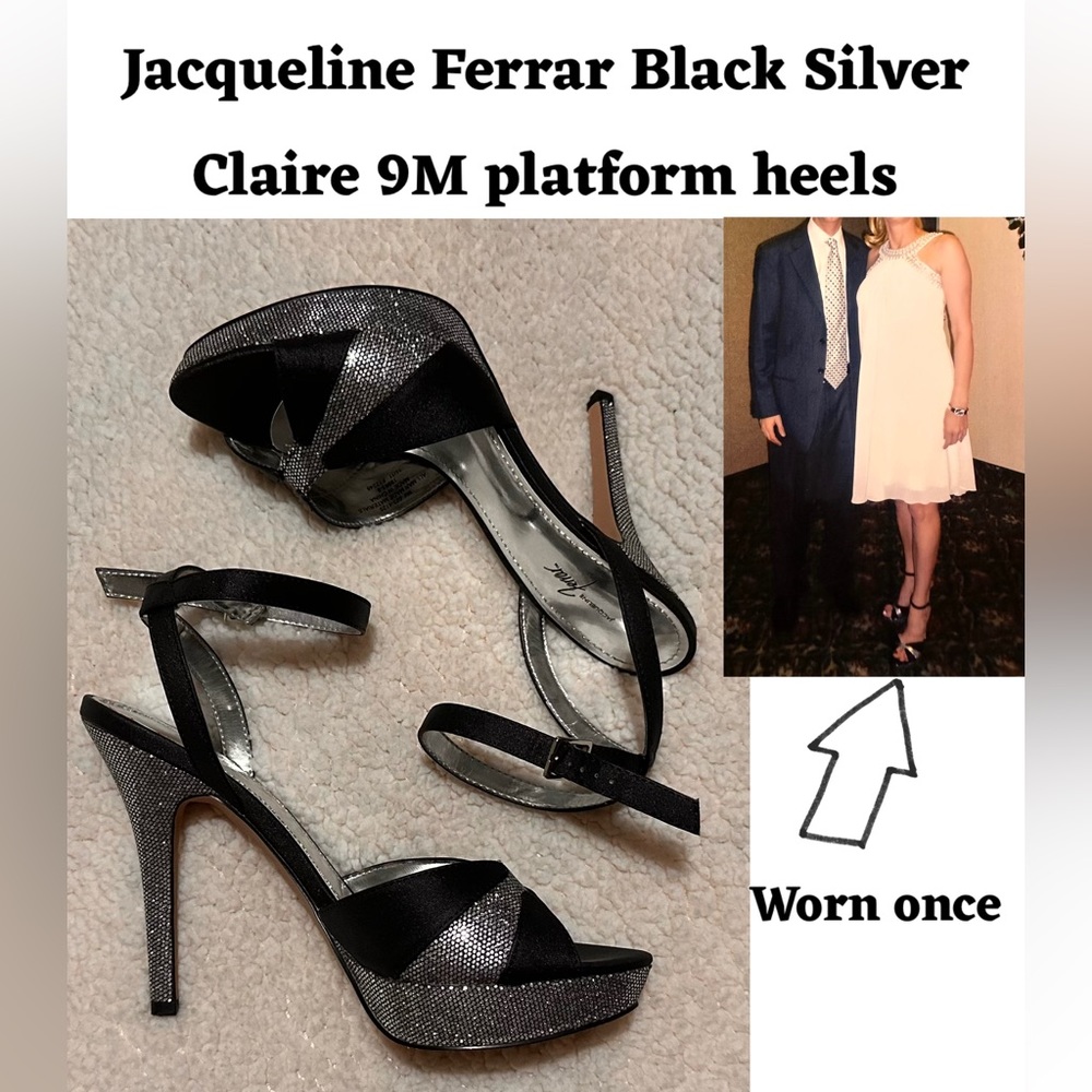 Jacqueline Ferrar Black Silver Claire 9M disco style stiletto platform heels